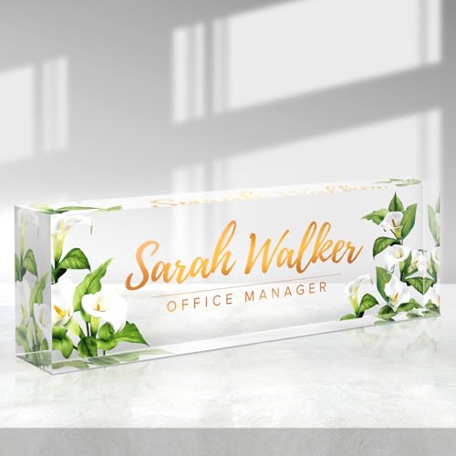 Custom Name Plate for Desk - Desk Name Plate Personalized - Acrylic Office Desk Accessories - Appreciation Gifts for Coworkers Employee Teacher Staff Boss - Office Decor for Women Men (Calla Lily)