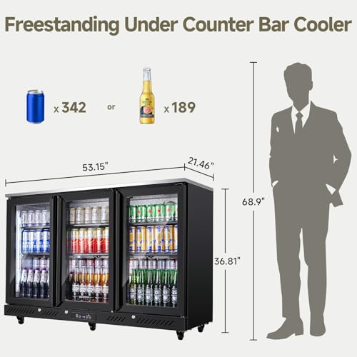 Image of BODEGACOOLER Back Bar Cooler with 3 Glass Doors,12 Cu.Ft Undercounter Commercial Bar Beverage Refrigerator,Stainless Steel Top Drink Fridge for Beer Soda LED Lighting,DOE Approved,Restaurant,Store