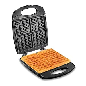 Hamilton Beach Non-Stick Belgian Waffle Maker with Indicator Lights, Makes 4 4″ x 5″ Mini Waffles, Hashbrowns or Keto Chaffles at Once, Compact Design for Easy Storage, Black & Stainless Steel (26020)