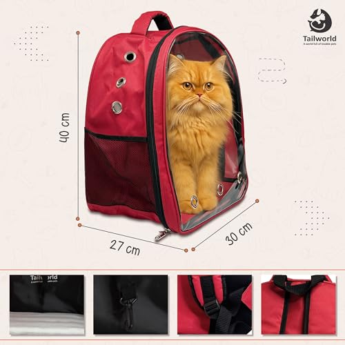 Image of Portable Pet Carrier Backpack for Cats & Small Dogs - Transparent Window, 9 Air Vents, Breathable Mesh, Built-in Safety Leash, Lightweight Travel Bag for Outdoor & Travel (Red)