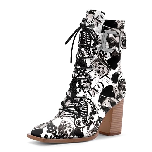 Women's Sexy Block High Heel Ankle Boots Square Toe Lace Up Buckle Strap Dress Booties