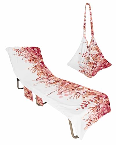 Red Leaves Beach Chair Cover with Side Pockets, Microfiber & Quick Dry Pool Chaise Lounge Chair Towels Covers for Sun Sunbathing Patio Garden Hotel, Botanical Eucalyptus Farmhouse Country Herb