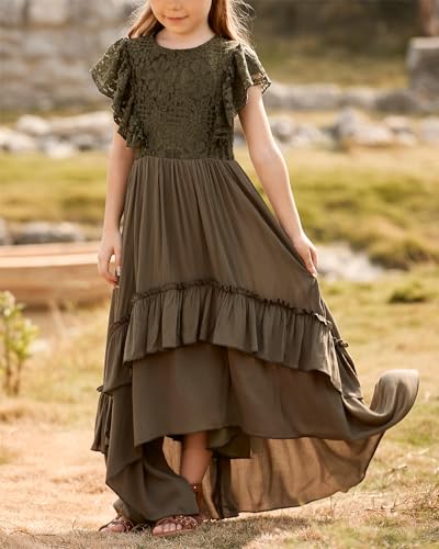 BIBIHOU Girls Lace Dress Boho Backless A Line High Low Hem Party Flower Girl Dress 6-14 Years4
