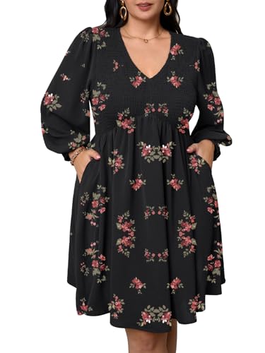 Plus Size Floral Mini Casual Dress with Pockets Long Sleeve V Neck Smocked Flowy Fall Dress for Curvy Women