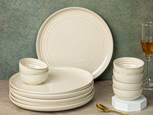 Image of Bodhi House Handcrafted Chip Resistant Porcelain Dinner Set, 12 Pieces Dish Set Serving for 6, Microwave and Dishwasher Safe, Bone-ash Free, Crockery Set for Dining and Gifting, Spanish White