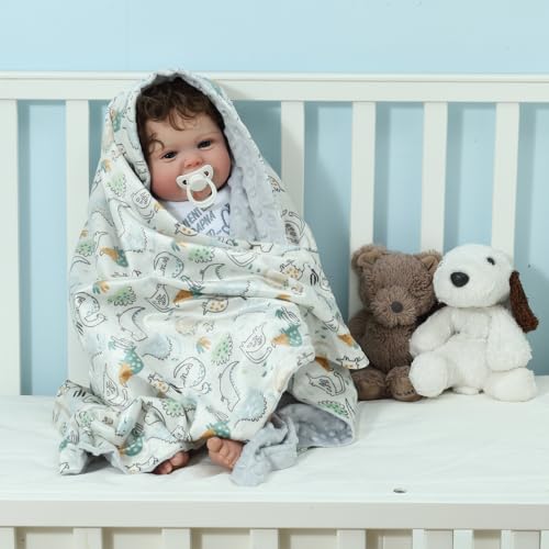 Image of CREVENT 2Pcs 30''X40'' Cute Cozy Fluffy Warm Baby Blankets for Infants Toddlers' Bedding Crib Cot Stroller - Grey Cloud + Minky Dinosaur