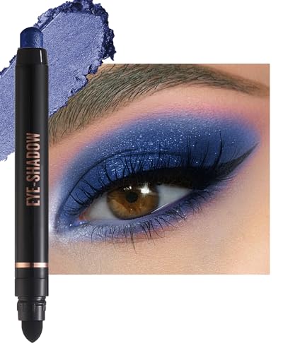 Blau Glitzer Lidschatten Stick, Dreh Cremig Seidige Eyeshadow Stick, Wasserfest und Langanhaltend, Schimmer Lidschatten Stift Crayon mit Smudger, Hochpigmentiert Augen Make-up für Faltenfreie-D12