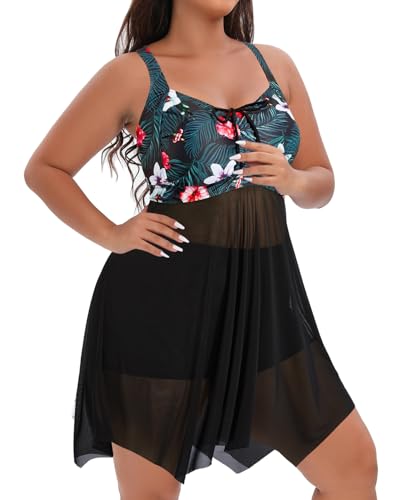 Image of Daci Plus Size Two Piece Swim Dress with Shorts for Women Mesh Swimsuits Flowy Bathing Suits