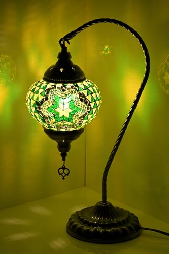 GOGERS Swan Neck Turkish Moroccan Lamp Handmade Stained Mosaic Glass Vintage Lamp Shade Bohemian Tiffany Style Bedside Night Lamp Lighting for Bedroom Living Room (Green)
