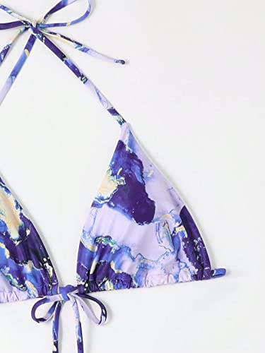 WDIRARA Women's 3 Piece Halter Triangle Bikini Marble Print Swimsuits and Coverup Skirt4
