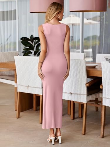 Simplee Womens Summer Bodycon Maxi Dress Ruched Sleeveless Elegant Ribbed Wedding Guest Cocktail Formal Long Dresses(Pink,Large) — view 4