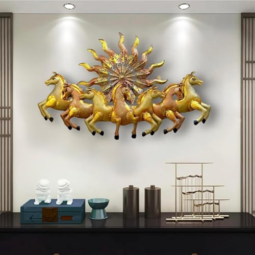 Image of Anshika International 7 Running Horses Metal Wall Decor with Sun LED Light - Vastu Feng Shui Lucky Horses Wall Hanging for Living Room, Hall & Office - Gold Copper Finish Metal Wall Art (37 x 23 Inch)