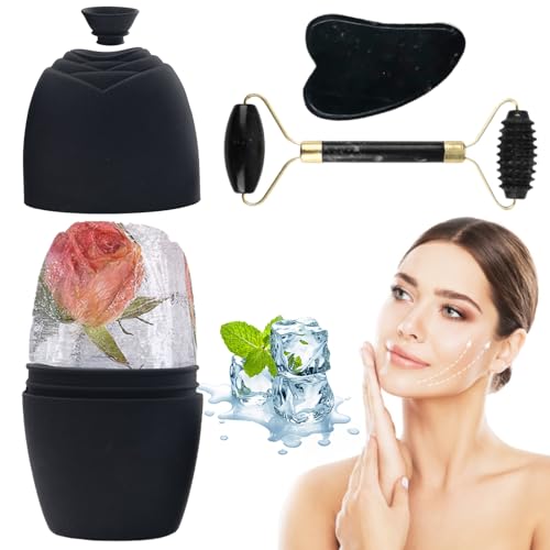 DKDDSSS Gua Sha Stone and Face Roller, Gua Sha Set and Ice Face Rollers, Massage Tool for Skin Care Routine, Guasha Tool, Neck and Body Muscle, FFace Massager Roller, Facial Ice Rollers, Black