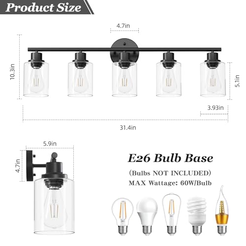 Image of 5-Light Black Bathroom Vanity Lights, E26 Modern Bathroom Light Fixtures with Clear Glass Shade, Mirror Kitchen Hallway Cabinet Living Room Sconces Wall Lights