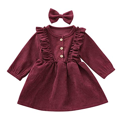 jkhhi Toddler Adorable Infant Girls Solid Color Ruffle Long Sleeve Corduroy Bottoming Dress+Bowknot Headband Outfits Set(Wine,2-3T)
