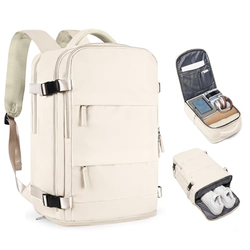coofay Beige Travel Backpack For Women Men Airline Approved Personal Item Carry On Flight Approved Waterproof Backpack For Traveling On Airplane Weekender Travel Bag by coofay - Used condition - US$23.31