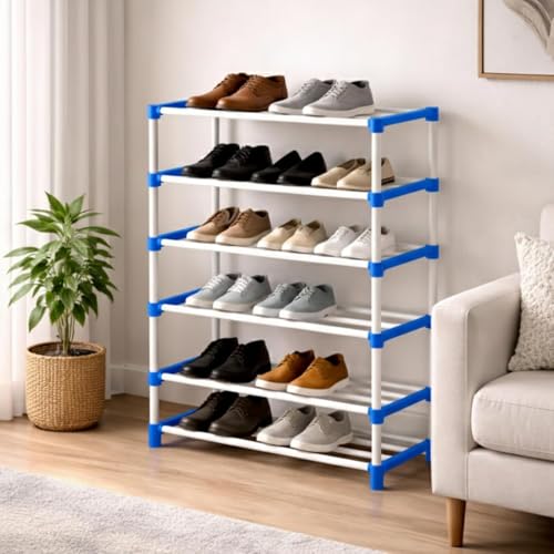 Image of 6 Tier Shoe Rack with Shelf, Thick Strong Pipes for Heavy Load Multipurpose Organizer Rack Shoe, Cloth & Book Storage Shelf for Home, Balcony, Living Room & Workspace