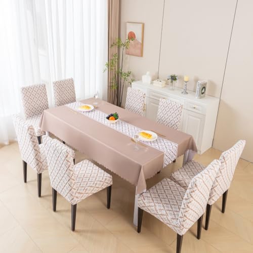 Image of HOMETHREADS Stretchable Elastic Jacquard Chair Seat Cover and Waterproof Dining Table Cover | Removable,Washable & Durable Chair Protector |for Dining Room (F Beige, 8Chairs+1Table Cover (150X250))