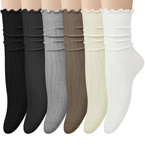 Loritta 6 Pairs Womens Ruffle Socks Cute Frilly Cotton Turn Cuff Casual Crew Slouchy Socks for Women