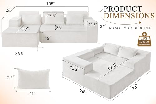 Image of HABUTWAY 105 inch L-Shape Modular Sectional Sofa Couch for Living Room,No Assembly Required,Modular Comfy Sofa with Deep Seat for Living Room Bedroom,Luxury Distressed Velvet(Left,Beige)