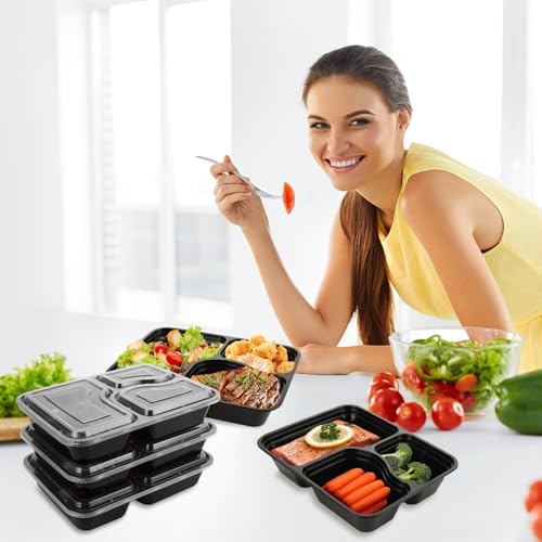 YOUNTHYE 50PCS Disposable Meal Prep Containers 3 Compartment Food Prep Containers with Lids 30oz Plastic Bento Box Lunch Containers Stackable Meal Prep Containers Bulk for Microwave, Freezer Safe - Image 8