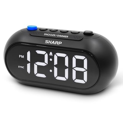 SHARPSYNC Auto Set Alarm Clock Sets Itself from Your Phone Bluetooth Time Sync Large White LED Display Dimmer Ascending Alarm Battery Backup