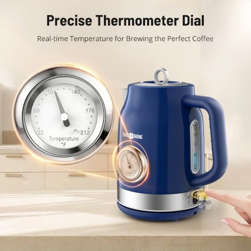 Image of PARIS RHONE Retro Stainless Steel Electric Kettle, 1.7L Cordless Hot Water Tea Kettle with Thermometer, 1500W Fast Heating, LED Indicator, Auto Shut-Off & Boil Dry Protection