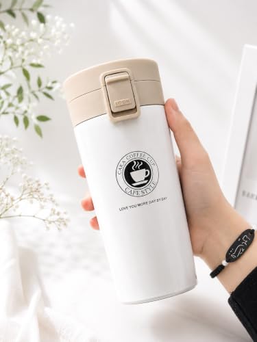 Image of 350ml Stainless Steel Travel Coffee Mug - Double Wall Vacuum Insulated Thermal Tumbler with Leakproof Flip Lid | Hot & Cold Coffee Cup for Office, Travel & Car (White)