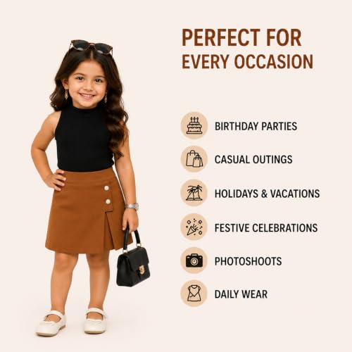 Image of RIYANSHI Girls Halter Neck Ribbed Top with A-line Skirt Set | Cotton Blend, 2 Piece Outfit, Button Detail, Ages 1-10 Years, Casual Wear