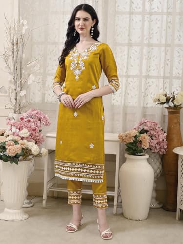 Image of NIVANA Womens Pakistani Style Embroidered Kurta with Pant & Embroidered Dupatta | Chanderi Straight Kurta Set with V-Neck & 3 /4 Sleeves | Ethnic Wear for Festive & Casual Occasions