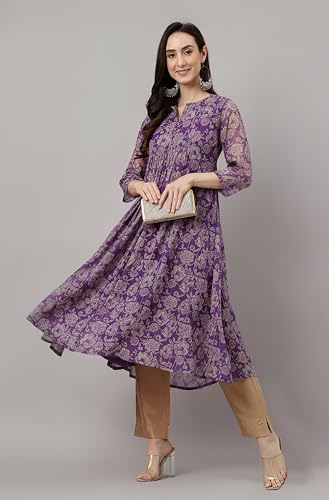 Image of Janasya Women's Chiffon Lurex Floral Printed A-line Kurta