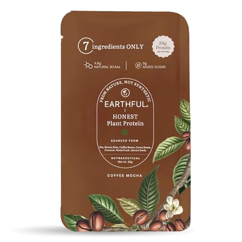 Image of Earthful Honest Plant Protein | 24g Protein /Serving & 4.6g BCAAs | For Weight Management, Energy, Muscle Support & Recovery | Made with Pea & Brown Rice | Coffee Mocha - Six Single-use Sachets