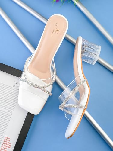 Image of XE Looks Patent Block Heels with Transparent Straps | Rhinestone Embellished Upper | Stylish Square Toe Sandals | Glossy Block Heels for Girls
