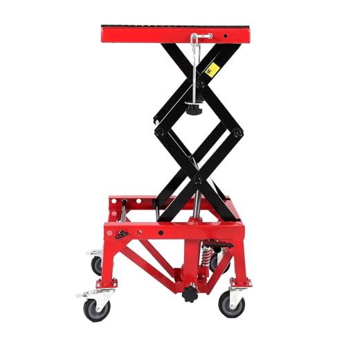 Image of Hydraulic Motorcycle Lift Jack 350LBS, Foot Operated Scissor Lift Table for ATV Dirt Bike, Heavy-Duty Steel Stand with Safety Lock & Wheels, 13.78-34.25" Height Adjustable, Oil Drain Hole