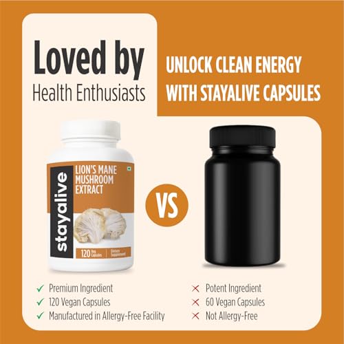 Image of STAY ALIVE Lion's Mane Mushroom Supplement 1000mg | 30:1 Extract with Beta Glucans | 100% Fruiting Body | Supports Brain Health, Memory & Cognitive Function | Non-GMO & Gluten-Free | 120 Capsules