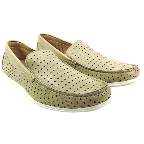 Men's Perforated Leather Loafers, Soft Beige, Comfort Slip-On Summer Shoes with White Sole, Size 42 EU