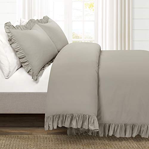 Image of Lush Decor Reyna Ruffle Cotton Duvet Cover Set 3 Piece Set Full / Queen, Gray - Queen Size Bedding Set - Gray Duvet Queen- Ruffled Bedding - Coquette Decor