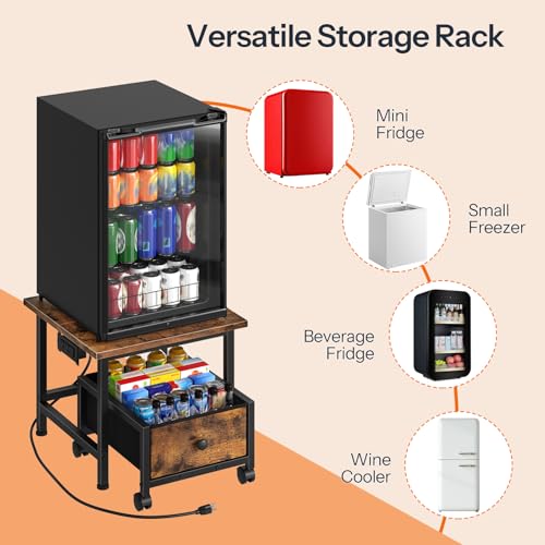 HOOBRO Mini Fridge Stand with Non-Woven Storage Basket and Power Outlet, Mini Fridge Cabinet with Wheels and Adjustable Feet, Mobile Fridge Shelf, for Home, Apartment, Dorm, Rustic Brown FB355UBX01 by HOOBRO - Used condition - Image 9
