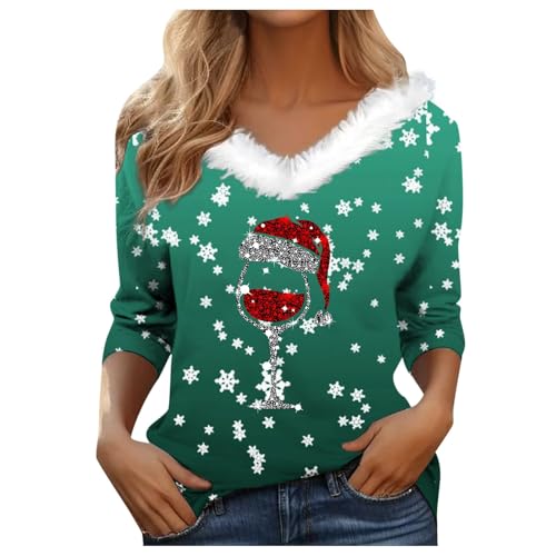 Generisch ChicMe Blusa sin mangas para mujer, camiseta de manga larga con cuello sintético, estampado festivo de Navidad, blusa de moda blusa larga de verano para mujer, verde, M