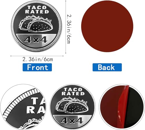 Image of Taco Badge Rated Car Emblem, 4 x 4 Metal Automotive Badge 3D Metal Taco Car Emblems Round Emblem Decals Car Badge Decals Stickers Compatible with Jeep Wrangler Vehicles Trucks SUV Emblems(ZS060)