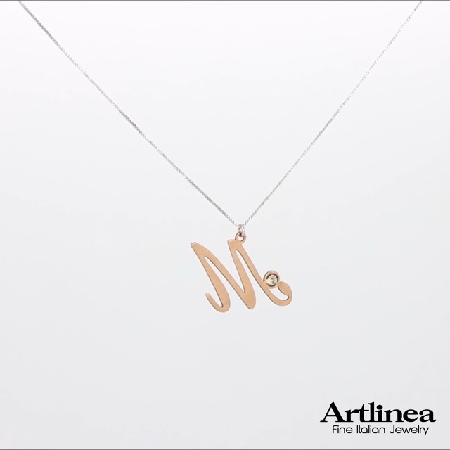 Collana Argento 925 Oro Rosa Bambino Zirconi Neri, Cuore E Lettera Iniziale Nome