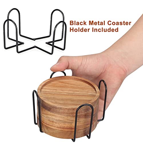 4 Pcs Best Wooden Coasters With Holder Cute Coasters Acacia Wood Drink Coaster Set Round Cool Beer Coaster Decor Beverage Cup Coasters Modern Bar Coasters Gift Best Coffee Table Coasters #TOP4