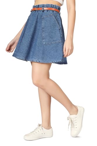 Image of Straight Stylish Comfortable Long Two Button Up Slit Dobby Denim Skirt for Women & Girls