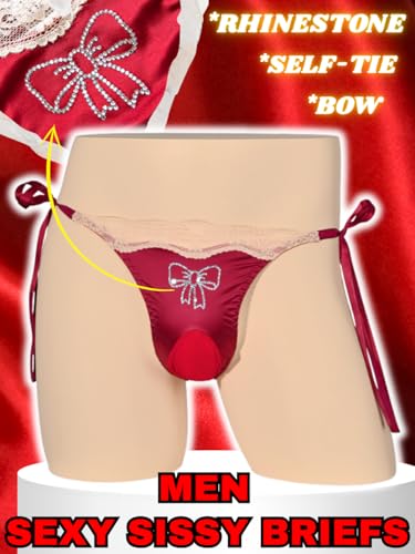 Mens Sexy Sissy Panties, Rhinestone Bow Ice Silk&Satin&Lace, Low Rise Tie Side Cheeky Girly Lingerie Underwear2