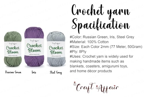 Image of Craft Affair | Crochet Bloom Cotton Yarn 8ply (Each Color 2mm, 77Meter, 50Gram) 100% Pure Cotton | for Knitting Yarn | Craft & DIY Project: Russian, Iris, Steel