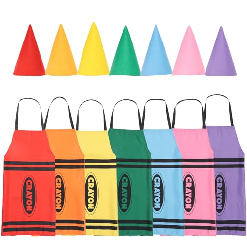 CBWERBB 7Pcs Crayon Apron Costume Set 7 Colors Fancy Crayon Apron and Funny Gnome Cone Hat Group Crayons Outfit for Adults Family Men Women Dress Suit for School Group Cosplay Dress Up