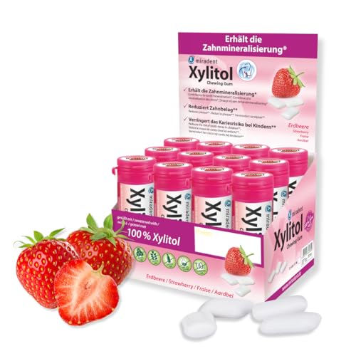 miradent Xylitol Zahnpflegekaugummi Erdbeere Display 12 St. | fruchtiger Geschmack | zuckerfrei | vegan | kariespräventiv | für unterwegs