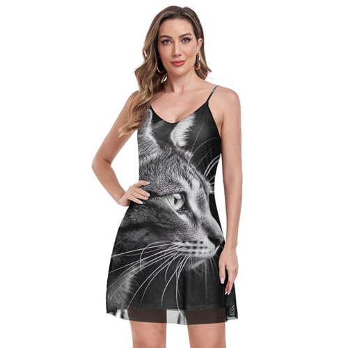 RPLIFE Vestidos de verano para mujer, S-XXL, vestido corto de verano, cuello en V, tirantes delgados, vestido de fiesta para mujer, Elegante perfil de gato, color negro, M