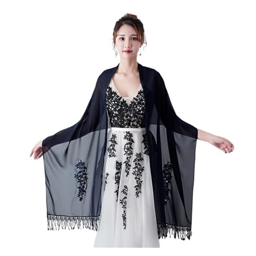 Robe de soirée longue dentelle mousseline cape pompons écharpe