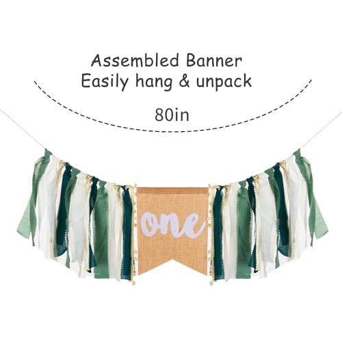 Image of Wild Safari Jungle Highchair Banner for 1st Birthday Decorations - Dark Green Burlap Banner with Adjustable Twine, Cake Smash Photo Props, Woodland Theme Party Decor for Boys & Girls